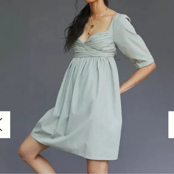 Anthropologie Forever that Girl XS Petite Sage Ruched Cross Cross Mini Dress - Picture 1 of 10
